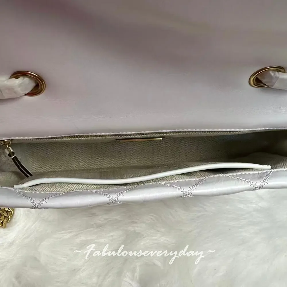 Tory Burch Willa Glazed Quilted Shoulder Bag Leather/White Chain Strap 156132